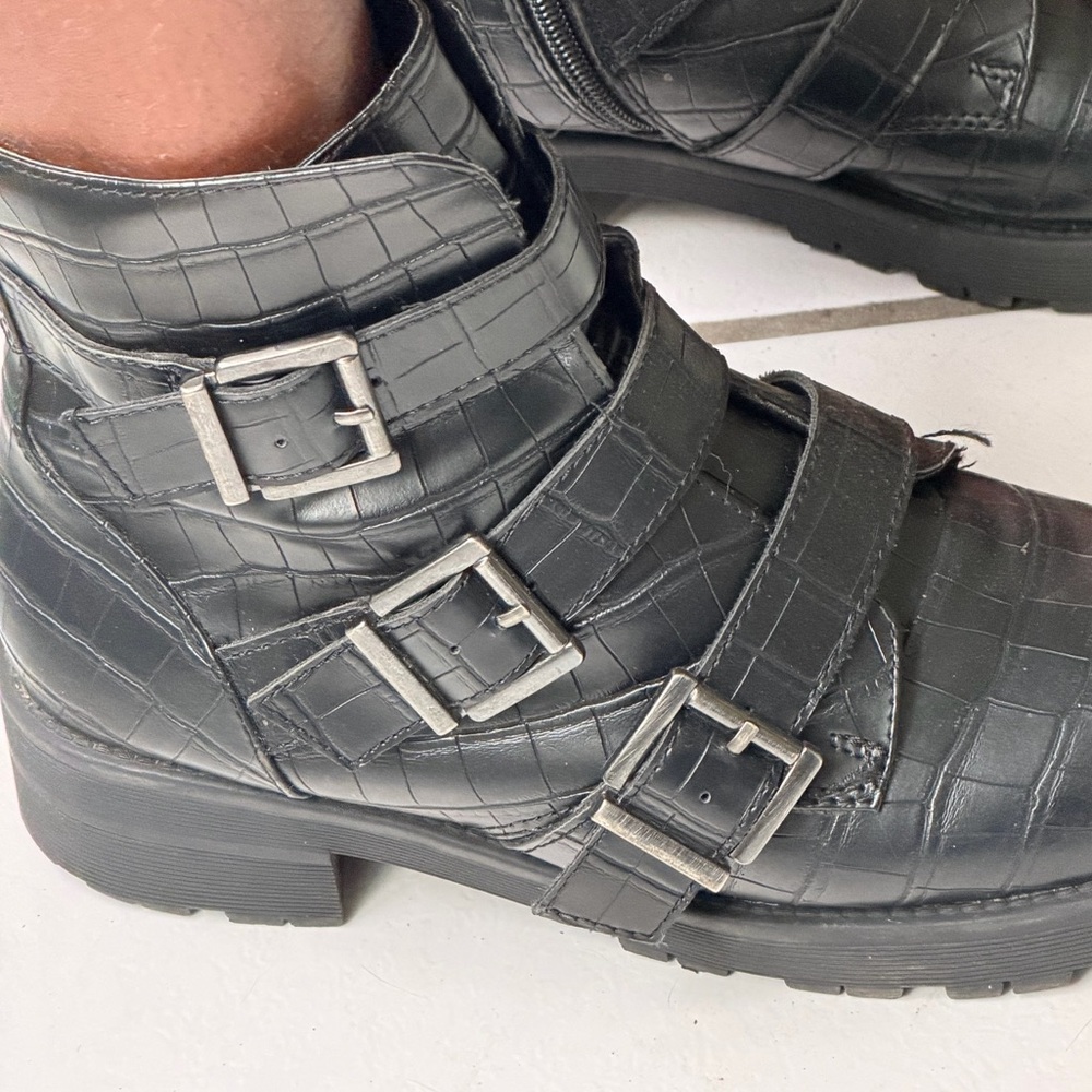 Black Croc-Embossed Buckle Boots